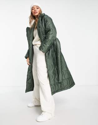 Asos Design Swirl Maxi Puffer Jacket In Khaki-green ModeSens