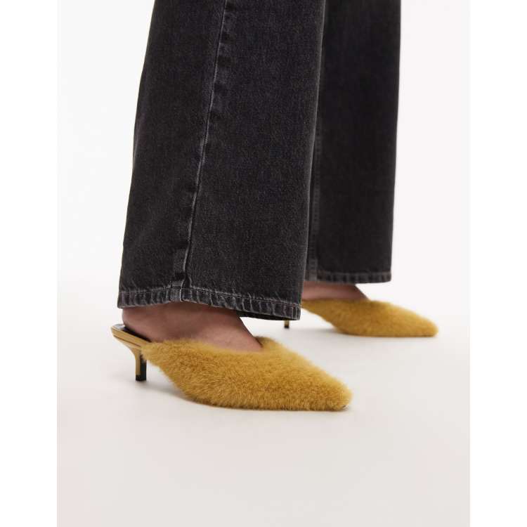 ASOS DESIGN Swirl mid heeled mules in ochre faux fur | ASOS