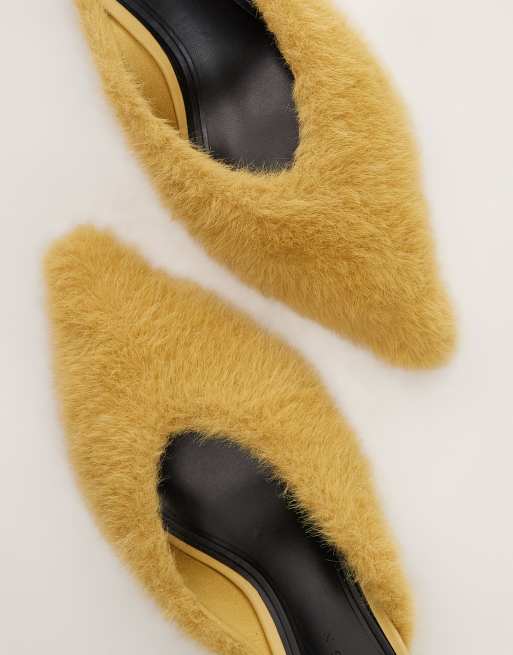 ASOS DESIGN Swirl mid heeled mules in ochre faux fur, 2 of 4