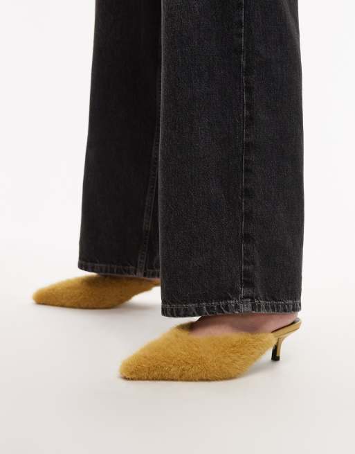 ASOS DESIGN Swirl mid heeled mules in ochre faux fur, 4 of 4