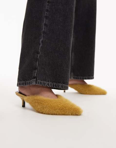 ASOS DESIGN - Swirl - Muiltjes met halfhoge hak van imitatiebont in okergeel - view 1