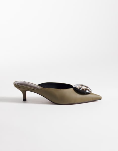 ASOS DESIGN – Swirl – Mules in Olivgrün mit mittelhohem Absatz und Verzierung - view 1