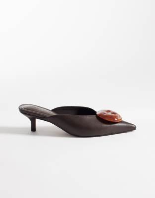 Asos Design Swirl Trim Detailing Mid Heeled Mules In Brown