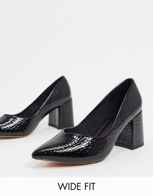 ASOS DESIGN - Switch - Pumps met halfhoge hak, krokodillenprint en brede pasvorm in zwart