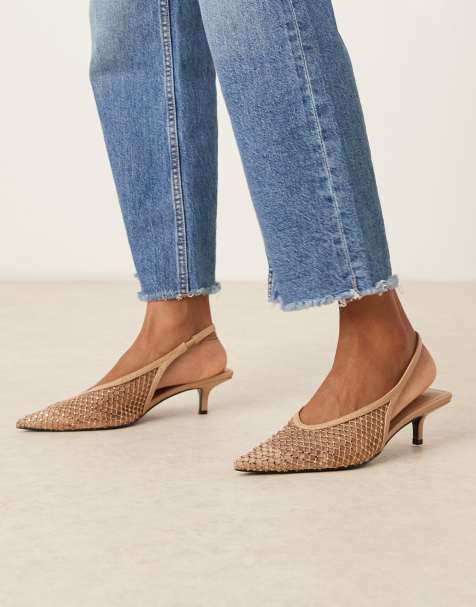 ASOS DESIGN Sydney slingback kitten heel shoes in beige embellished - view 1