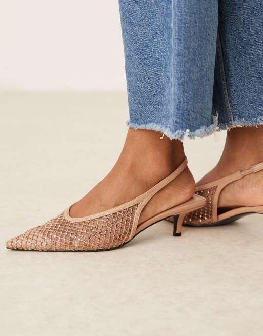 ASOS DESIGN Sydney slingback kitten heel shoes in beige embellished