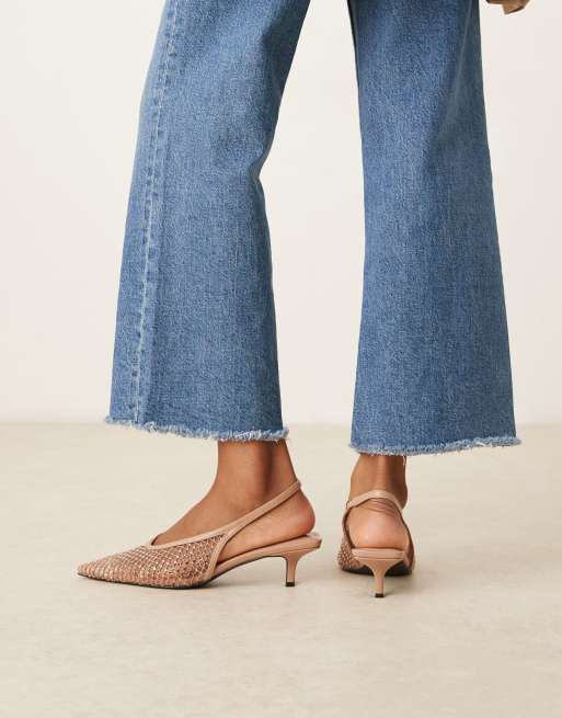 ASOS DESIGN Sydney slingback kitten heel shoes in beige embellished