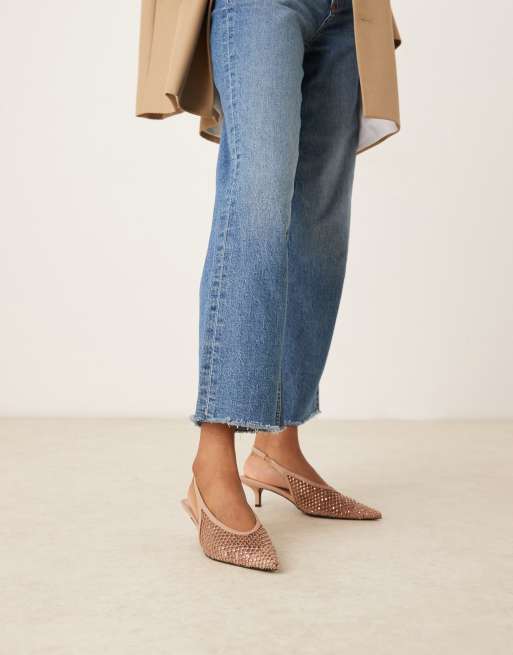 ASOS DESIGN Sydney slingback kitten heel shoes in beige embellished