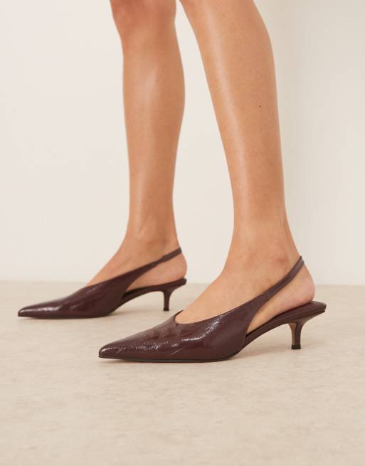 ASOS DESIGN Sydney slingback kitten heel shoes in burgundy embossed