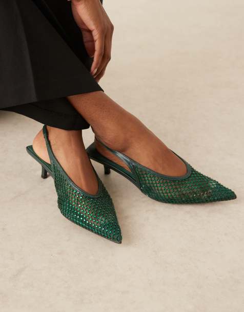 ASOS DESIGN Sydney slingback kitten heel shoes in green embellished - view 1
