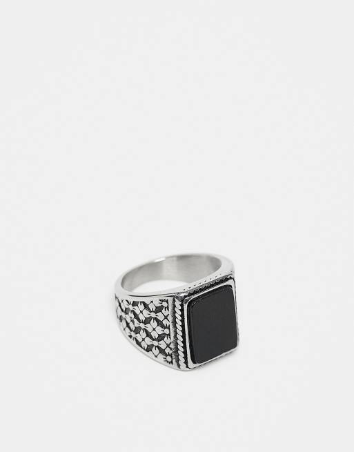 ASOS DESIGN – Sygnet z wodoodpornej stali nierdzewnej w kolorze srebra z czarnym agatem 