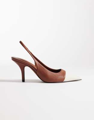 ASOS DESIGN - Sylvie - Zweifarbige Schuhe in Natur und Hellbraun mit Fersenriemen und mittelhohem Absatz-Brown