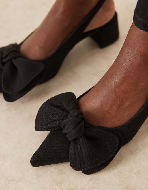 ASOS DESIGN Symbol bow slingback mid block heeled shoes in black linen look, 2 of 4