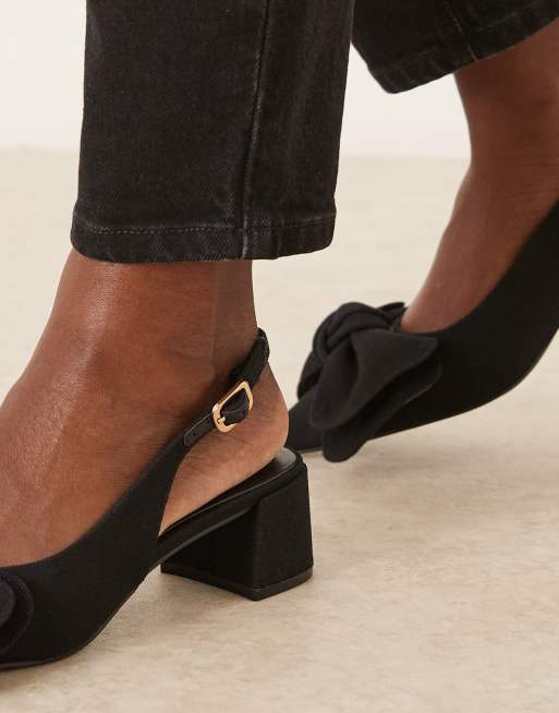 ASOS DESIGN Symbol bow slingback mid block heeled shoes in black linen look, 4 of 4