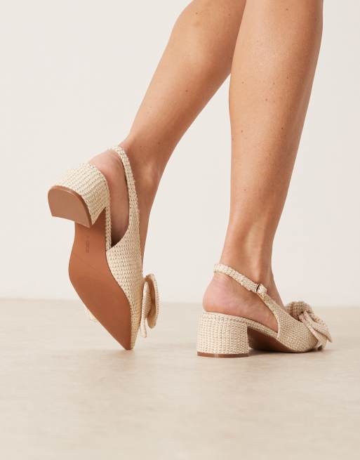ASOS DESIGN Symbol bow slingback mid block heeled shoes in natural linen, 3 of 4