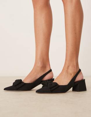 Asos Design Symphony Bow Slingback Mid Block Heeled Shoes In Black