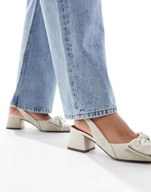 ASOS DESIGN Symphony bow slingback mid block heeled shoes in natural fabrication, 4 of 4