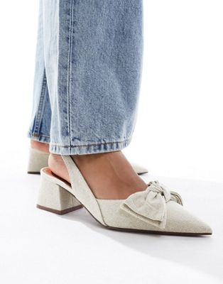 ASOS DESIGN Symphony bow slingback mid block heeled shoes in natural fabrication - ASOS Price Checker