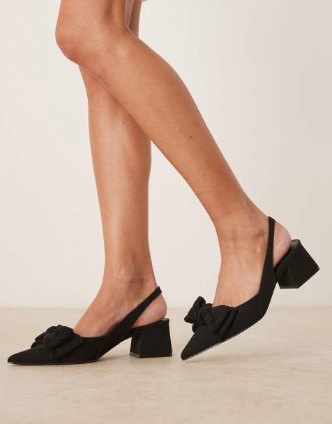 ASOS DESIGN – Symphony – Czarne lniane buty na średnim obcasie klockowym z kokardką i paskiem za piętą - view 1