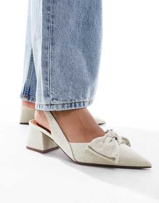 ASOS DESIGN - Symphony - Schuhe aus Naturmaterial mit Schleife, Fersenriemen und mittelhohem Blockabsatz-Neutral