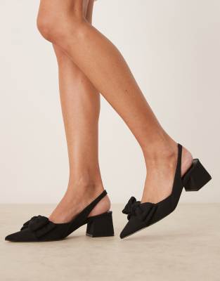 ASOS DESIGN - Symphony - Schuhe aus schwarzem Leinen mit mittelhohem Blockabsatz, Fersenriemchen und Schleife