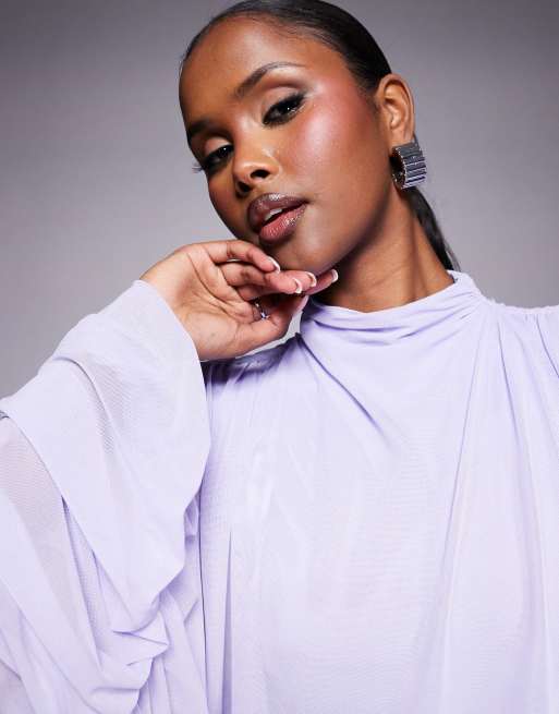 ASOS DESIGN - Syrenfarvet maxikjole i mesh med lange draperede blousonærmer og rynket skørt, 3 af 4
