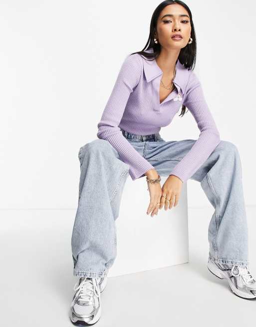 ASOS DESIGN - Syrenfarvet ribstrikket top med krave og mærke, 2 af 4