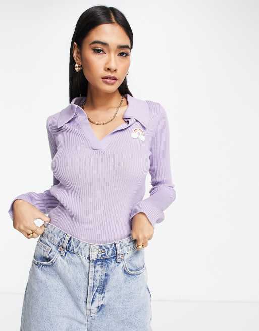 ASOS DESIGN - Syrenfarvet ribstrikket top med krave og mærke, 4 af 4