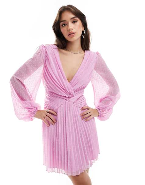 ASOS DESIGN – Syrénlila, dobbyvävd, plisserad miniklänning med djup halsringning, omlottdesign och utställda ärmar - view 1