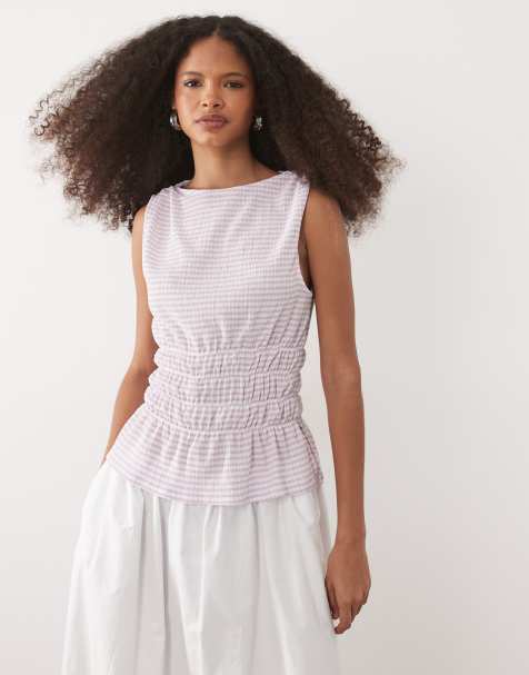 ASOS DESIGN – Syrénlila, ginghamrutig, ärmlös topp med smockad midja - view 1