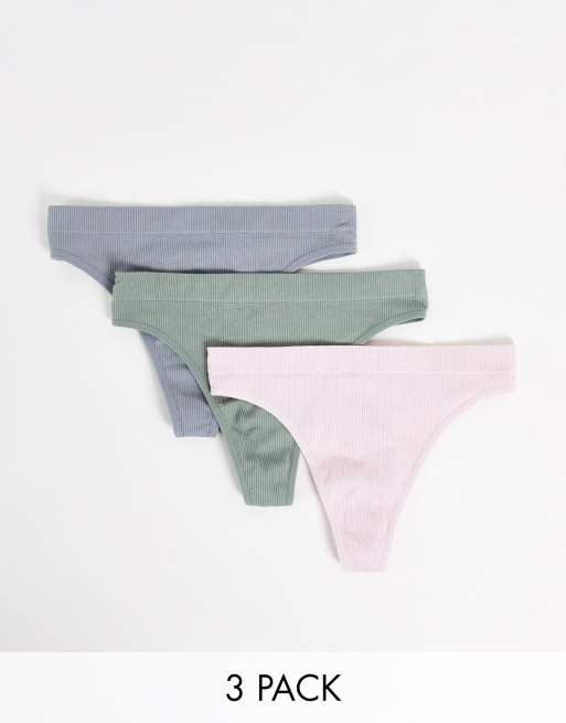 ASOS DESIGN – Syrénlila, salviagröna och ljusbeige, ribbade stringtrosor i seamless design, 3-pack