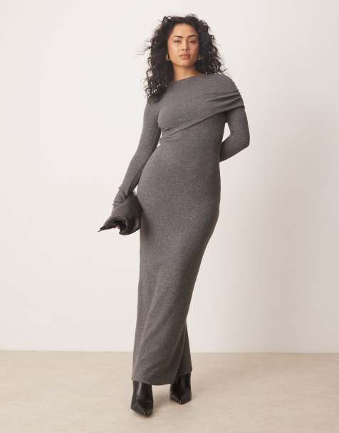ASOS DESIGN – Szara bardzo miękka sukienka maxi z drapowanymi ramionami - view 1