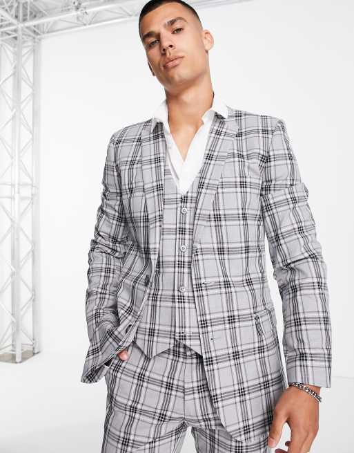 ASOS DESIGN – Szara bardzo obcisła marynarka garniturowa w szkocką kratę