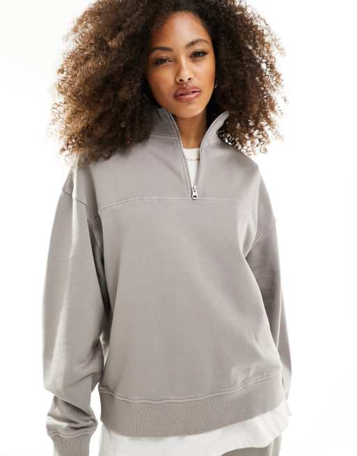 ASOS DESIGN – Szara bluza oversize z suwakiem pod szyją i efektem sprania