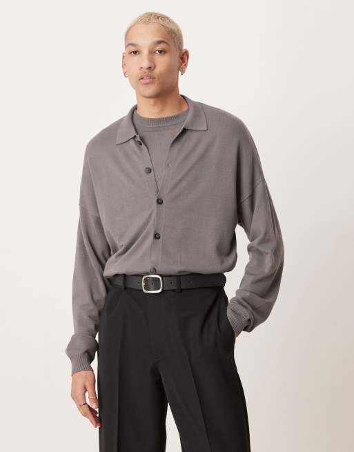 ASOS DESIGN – Szara dzianinowa koszula polo o luźnym kroju z długimi rękawami i zapięciem na guziki