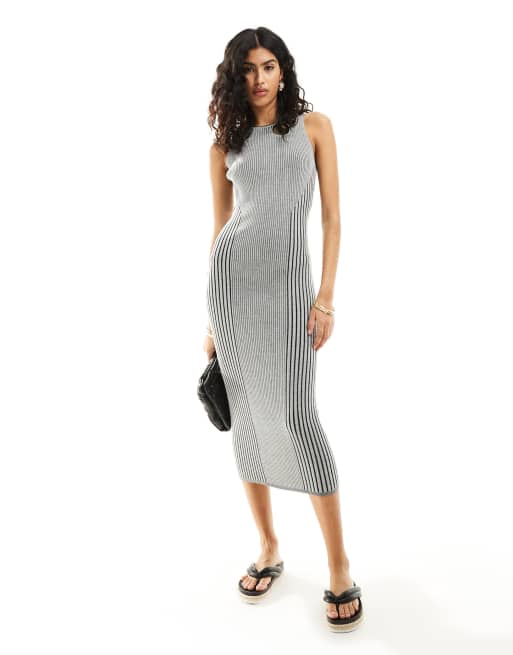 ASOS DESIGN – Szara dzianinowa sukienka plisowana midi z kontrastowym zdobieniem