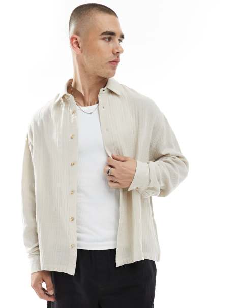 ASOS DESIGN cheesecloth textured regular shirt in stone