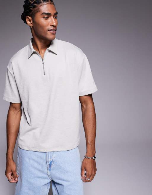 ASOS DESIGN – Szara fakturowana koszulka polo o luźnym kroju pudełkowym z zamkiem pod szyją