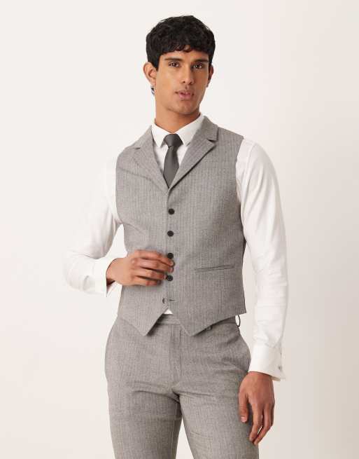 ASOS DESIGN – Dopasowany flanelowy garnitur w szarym kolorze we wzór w jodełkę, 2 z 4