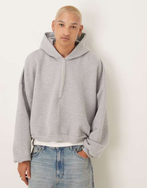 ASOS DESIGN – Szara gruba i krótka bawełniana bluza z kapturem oversize z zapięciem na suwak pod szyją
