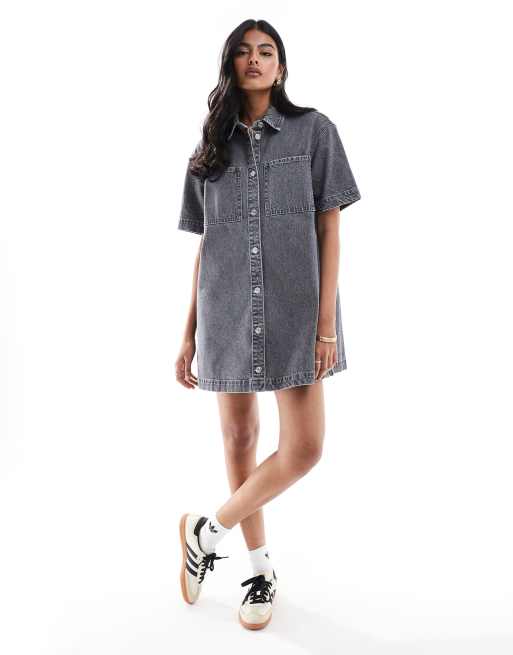 ASOS DESIGN – Szara jeansowa sukienka koszulowa z krótkimi rękawami