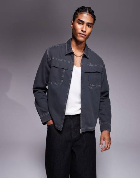 ASOS DESIGN boxy relaxed shirt with chest embroidery in grey