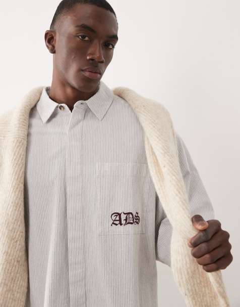 ASOS DESIGN – Szara koszula oversize w paski z haftowanym wzorem - view 1