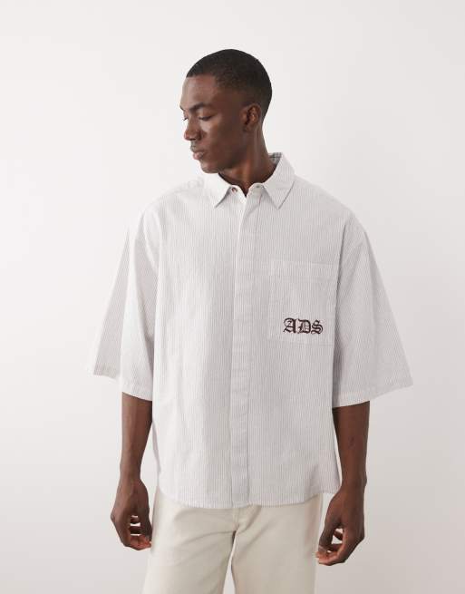 ASOS DESIGN – Szara koszula oversize w paski z haftowanym wzorem, 4 z 5