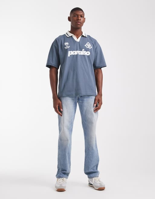 ASOS DESIGN – Szara koszulka polo oversize z piłkarskim nadrukiem , 2 z 5