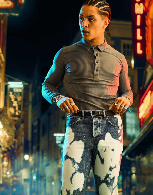 ASOS DESIGN – Szara koszulka polo w szerokie prążki o kroju podkreślającym sylwetkę z długimi rękawami