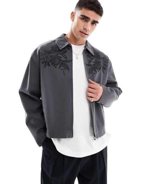 ASOS DESIGN – Szara kurtka Harrington o pudełkowym kroju z haftowanym wzorem na piersi - view 1