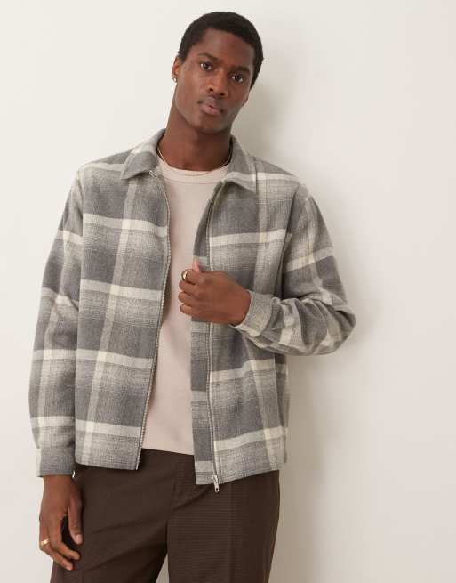 ASOS DESIGN – Szara luźna kurtka koszulowa o pudełkowym kroju ze szczotkowanego materiału w kratę z zapięciem na zamek