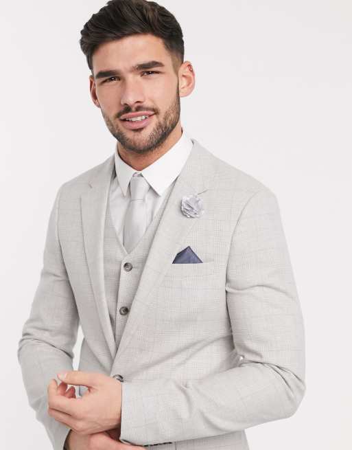 ASOS DESIGN – Szara marynarka garniturowa z kolekcji ślubnej o bardzo obcisłym kroju z bawełny i lnu ze stretchem w kratę