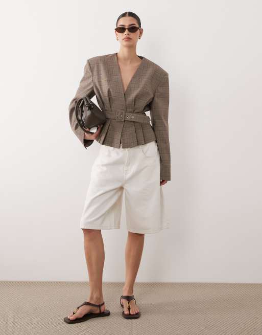 ASOS DESIGN – Szara marynarka w kratę w stylu lat 80. z paskiem, 2 z 4